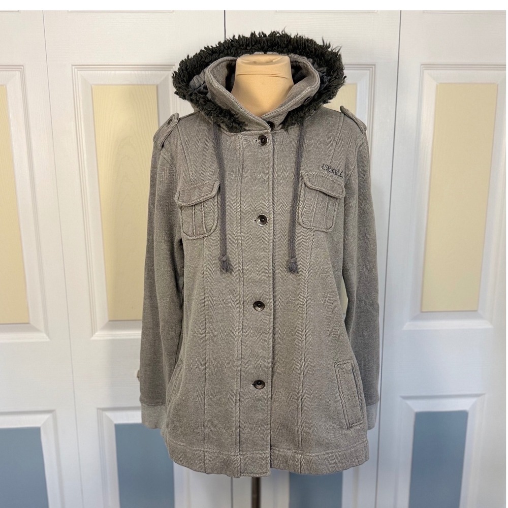Ezekiel Grey Herringbone Faux Fur Hooded Utility Jacket GU113068R Large